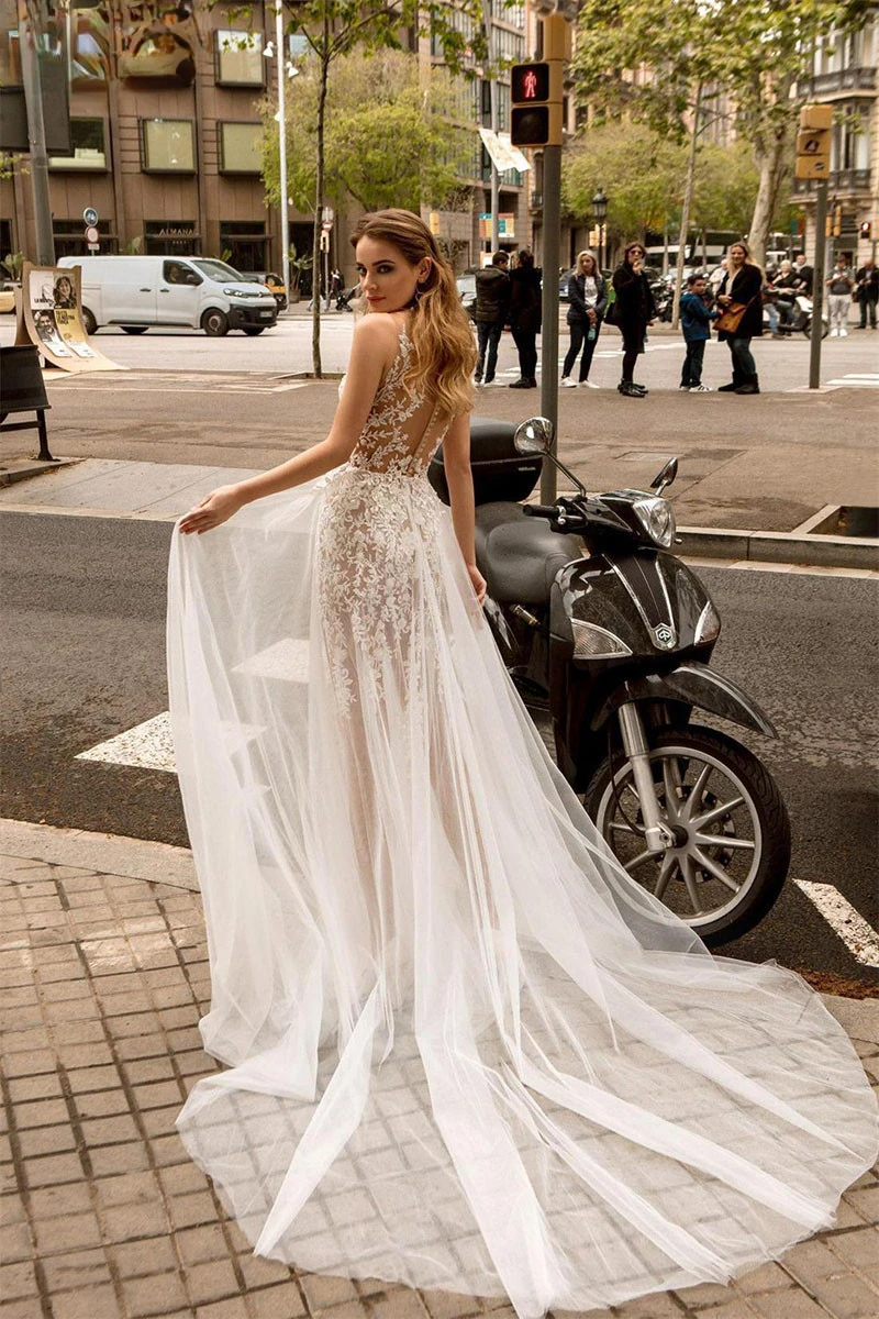 Robe De Mariée à effet d'illusion De ligne A, style Boho, avec traîne, Sexy, dentelle appliquée, élégante, pour Femme, nouvelle collection 2022