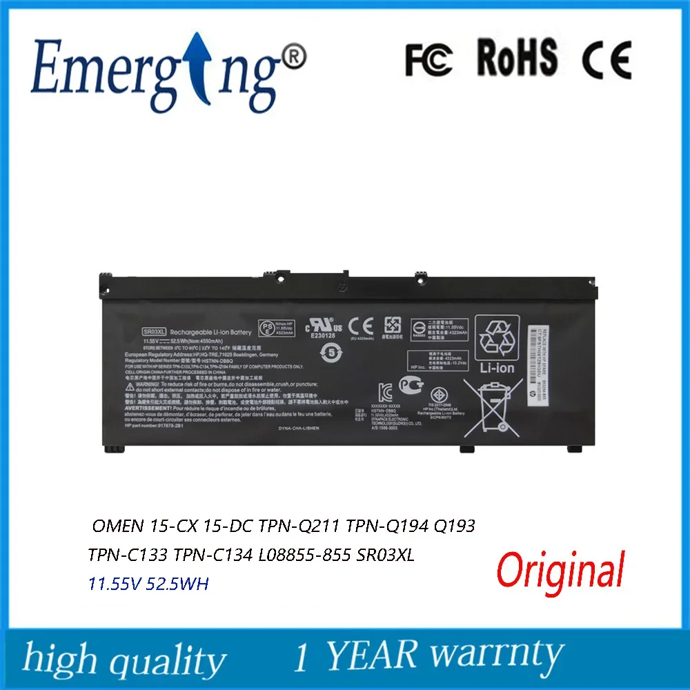 

11.55V 52.5WH SR03XL Battery for HP OMEN 15-CX 15-DC TPN-Q211 TPN-Q194 Q193 TPN-C133 TPN-C134 HSTNN-DB8Q L08934-2B1 L08855-855