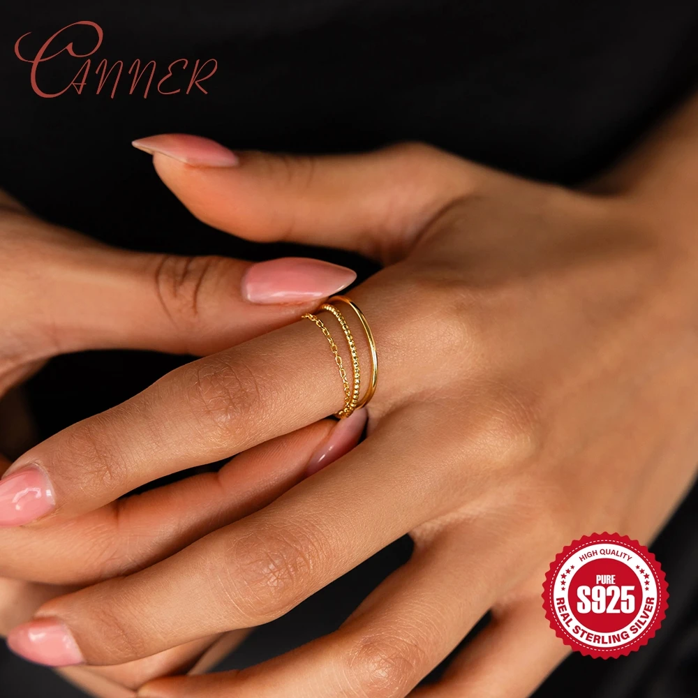 CANNER 925 Sterling Silver Stackable Dainty Thin Ring Set Minimal Bead Chain Band 925 Silver Hypoallergenic Finger Jewelry Women
