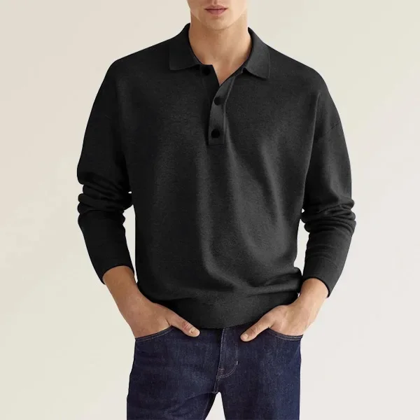 Herren-Poloshirt mit Reverskragen und Knopfleiste, Langarm, Strick, locker sitzend, einfarbig, lässig, für den Alltag, Pendler-Pullover – Detail 11