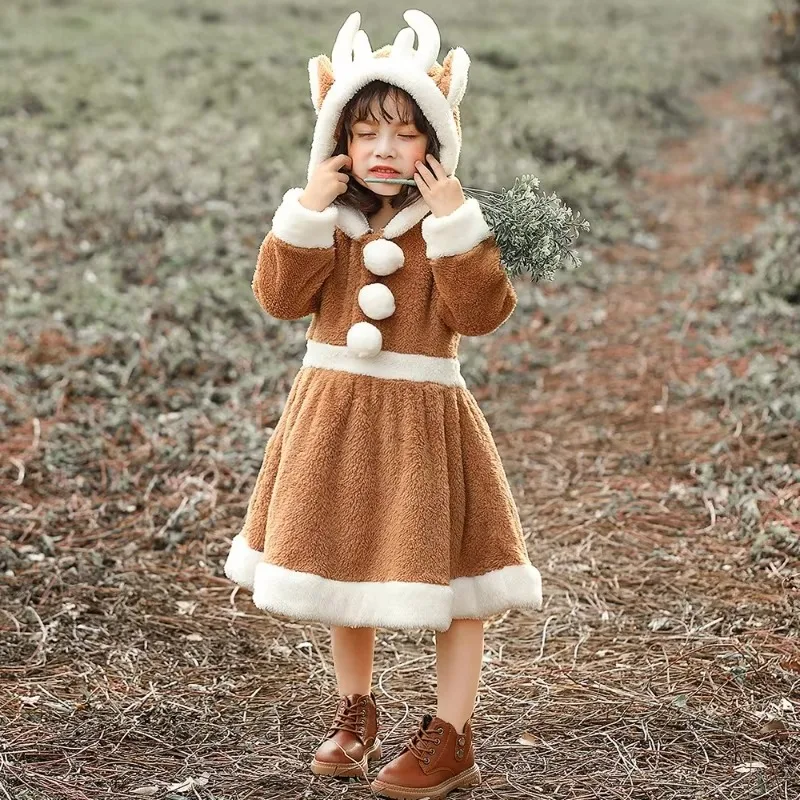 Halloween Christmas Cute Reindeer Elk Costume Cosplay Animal Loose Warm Coral Fleece Pajamas Dress Parent-child Makeup Outfits