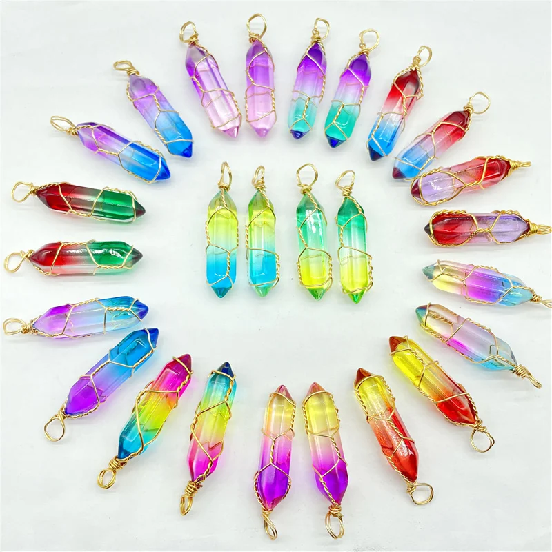 

50pcs Rainbow Colored Glass Hexagonal Prism Pendulum Pendant Gold Wire Wrap Crystal Charms Jewelry Making Necklaces Accessories