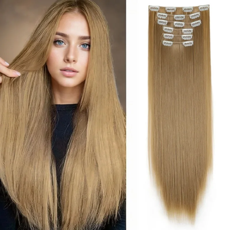 

6Pcs/Set 16 Clips Synthetic 24Inch Hair Extension Black Blonde Long Straight Hairpiece Heat Resistant Fiber For Women Hairstyle