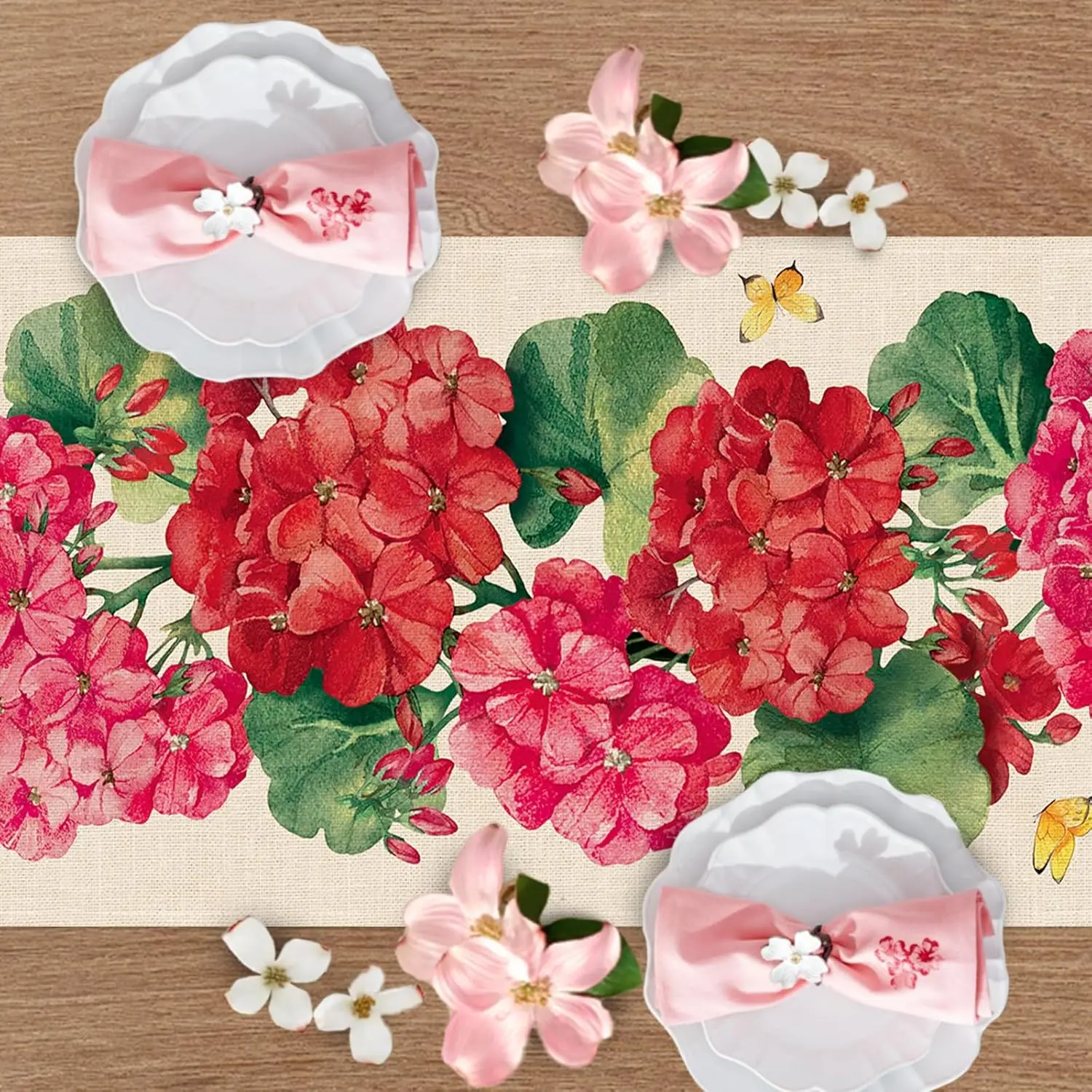 Spring Geranium Flower Linen Table Runner Wedding Party Decor Summer Red Floral Butterfly Table Runner Dresser Scarf Table Decor