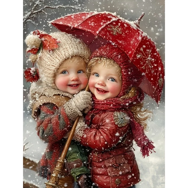 

"Child Holding an Umbrella in the Snow" Pattern Diamond Painting Kit, DIY 5D Acrylic Full Round Diamond Art, Mosaic Painting