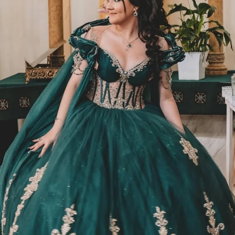 

Customized Shiny blackish green Quinceanera Dresses Off the Shoulder crystal applique Long tail Vestido 15 Quinceanera