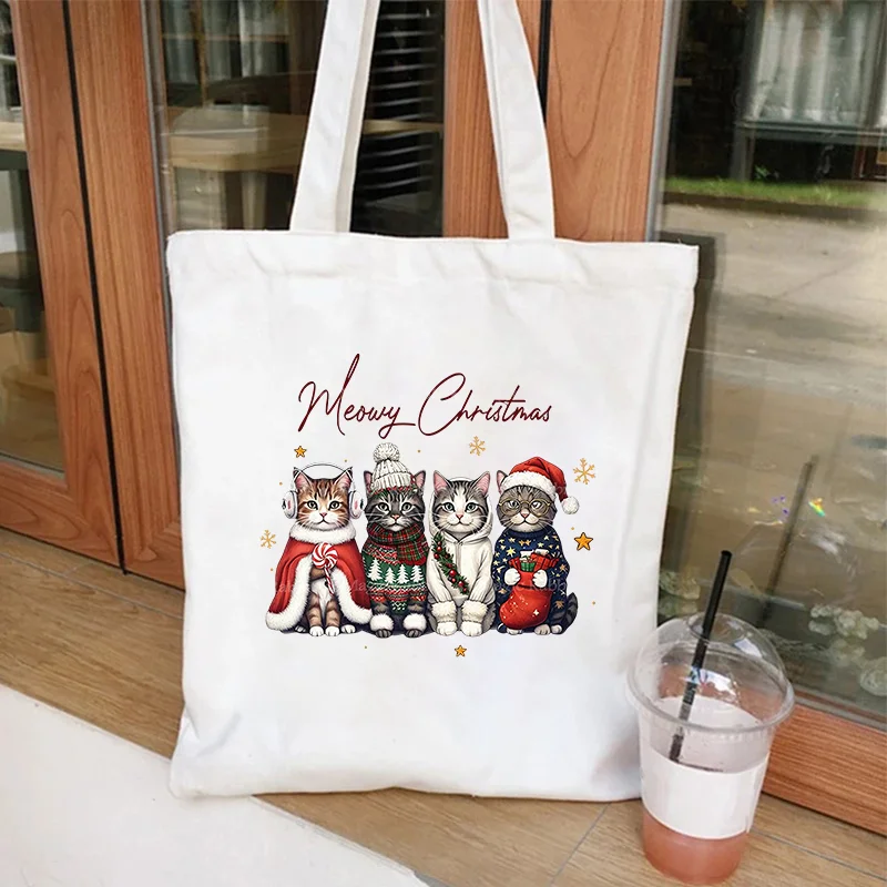 Meowy عيد الميلاد القط موضوع حقائب كتف الأسرة عيد الميلاد القط حفلة حمل حقيبة تسوق الموضة عالية السعة المرأة في سن المراهقة حقيبة يد #2