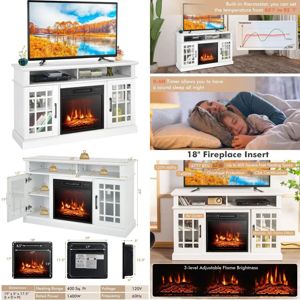

50 Inch TV Electric Fireplace Stand with Side Cabinets and Adjustable Shelves, Entertainment Center