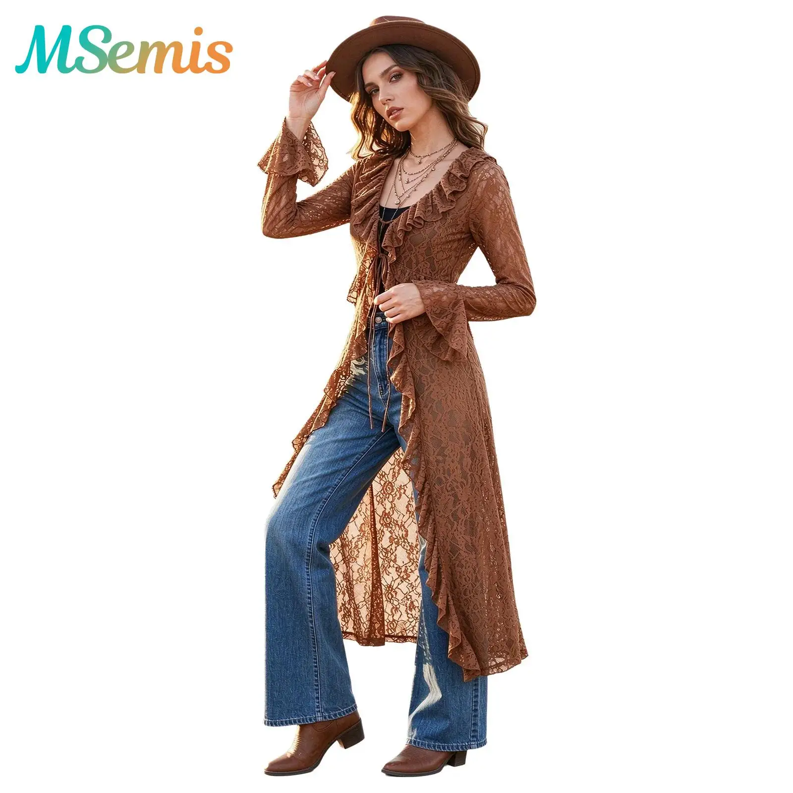 Women Floral Lace Ruffles Long Cardigan See-thorough Hollow Out Smock Flared Sleeve Tie-front Outerwear Long Mesh Cover Up Dress