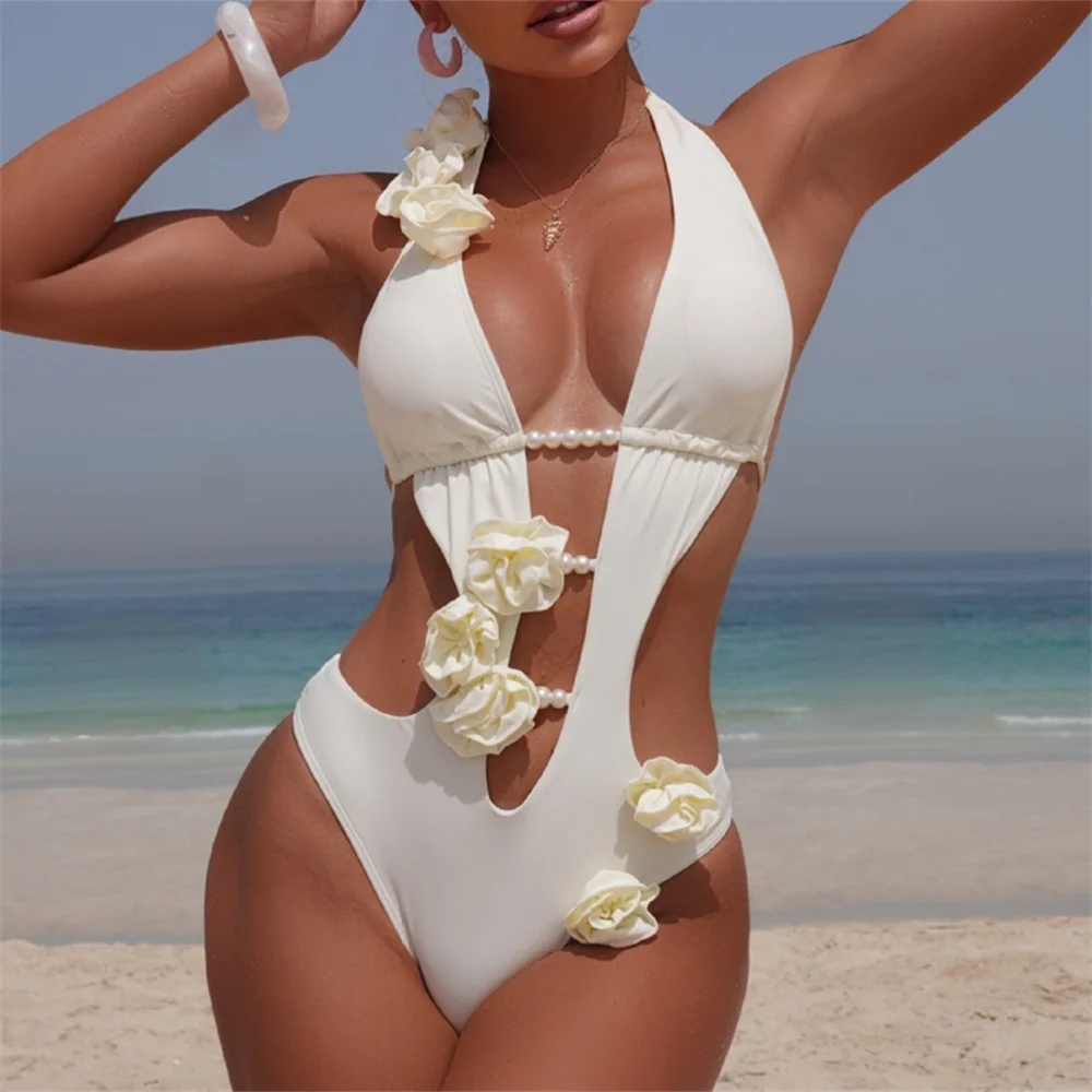 مثير الجوف بيكيني ثلاثية الأبعاد الأزهار قطع Monokini عارية الذراعين الدانتيل يصل البيكينيات مجموعات مطرز ملابس السباحة النساء عطلة ملابس الشاطئ الزي #5