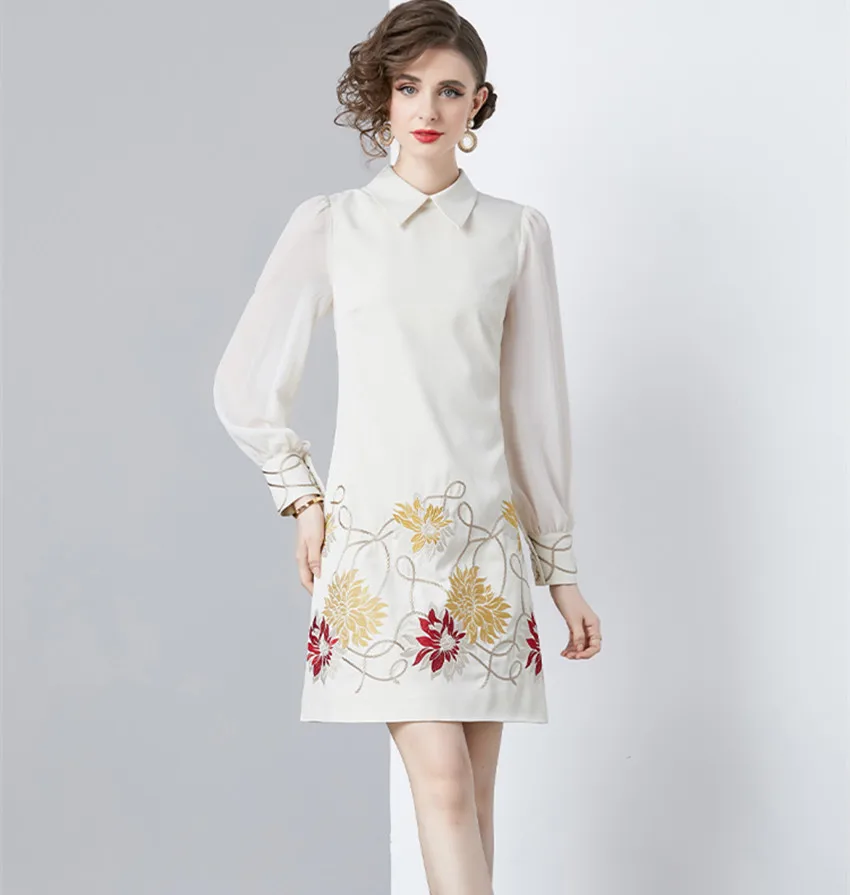 

New 2024 Spring Summer Chiffon Lantern Sleeve Dress Luxury Fashion Women Doll Collar Gold Thread Embroidery Flower Loose Clothes