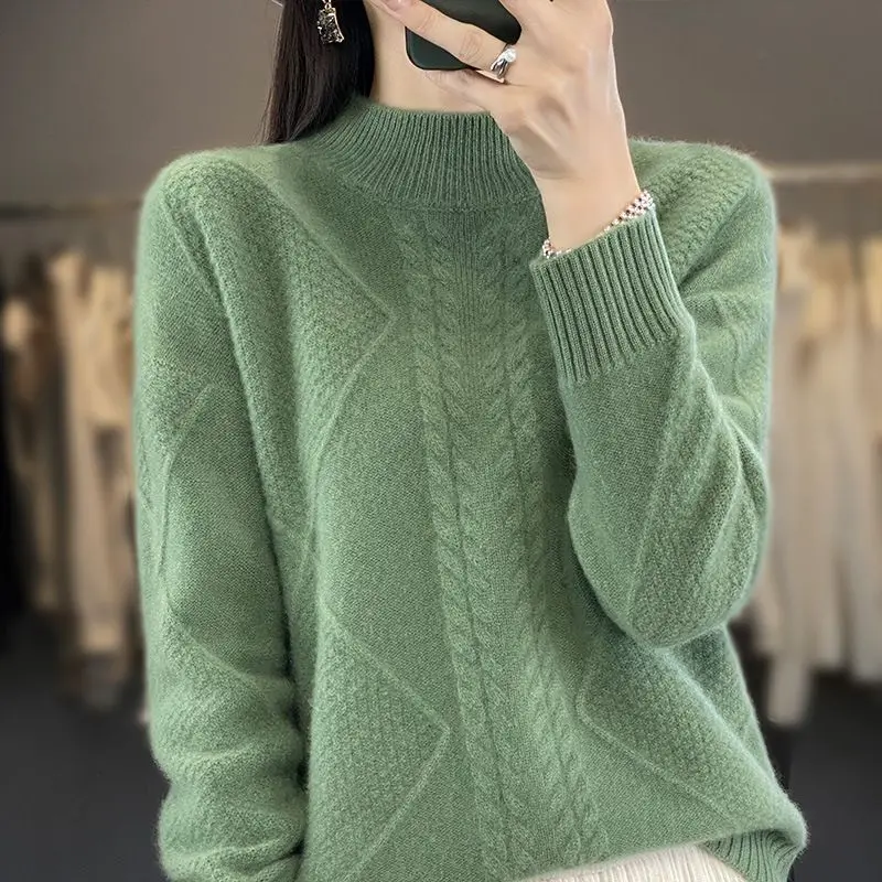 Women's Semi High Neck Diamond Shaped Twisted Flower Base Sweater Knitted Sweater Pullover Loose Lazy Thick Sweater for Women