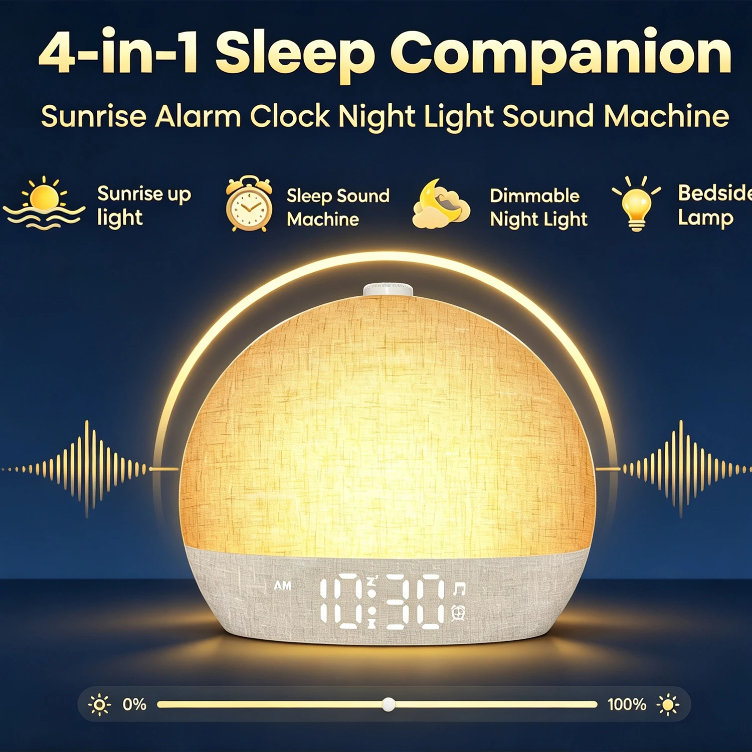 4‑in‑1 Wake Up Light Sunrise Alarm Clock White Noise Sound Machine Bedside Night Lamp Digital Sleep Aid Alarm Clock For Gifts