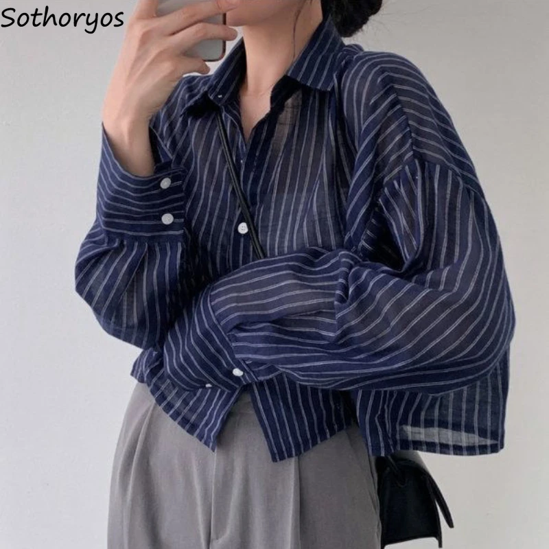 Cropped Striped Shirts Women Loose Summer Korean Style All-match Turn-down Collar Leisure Thin Design Simple Lazy  Clothes