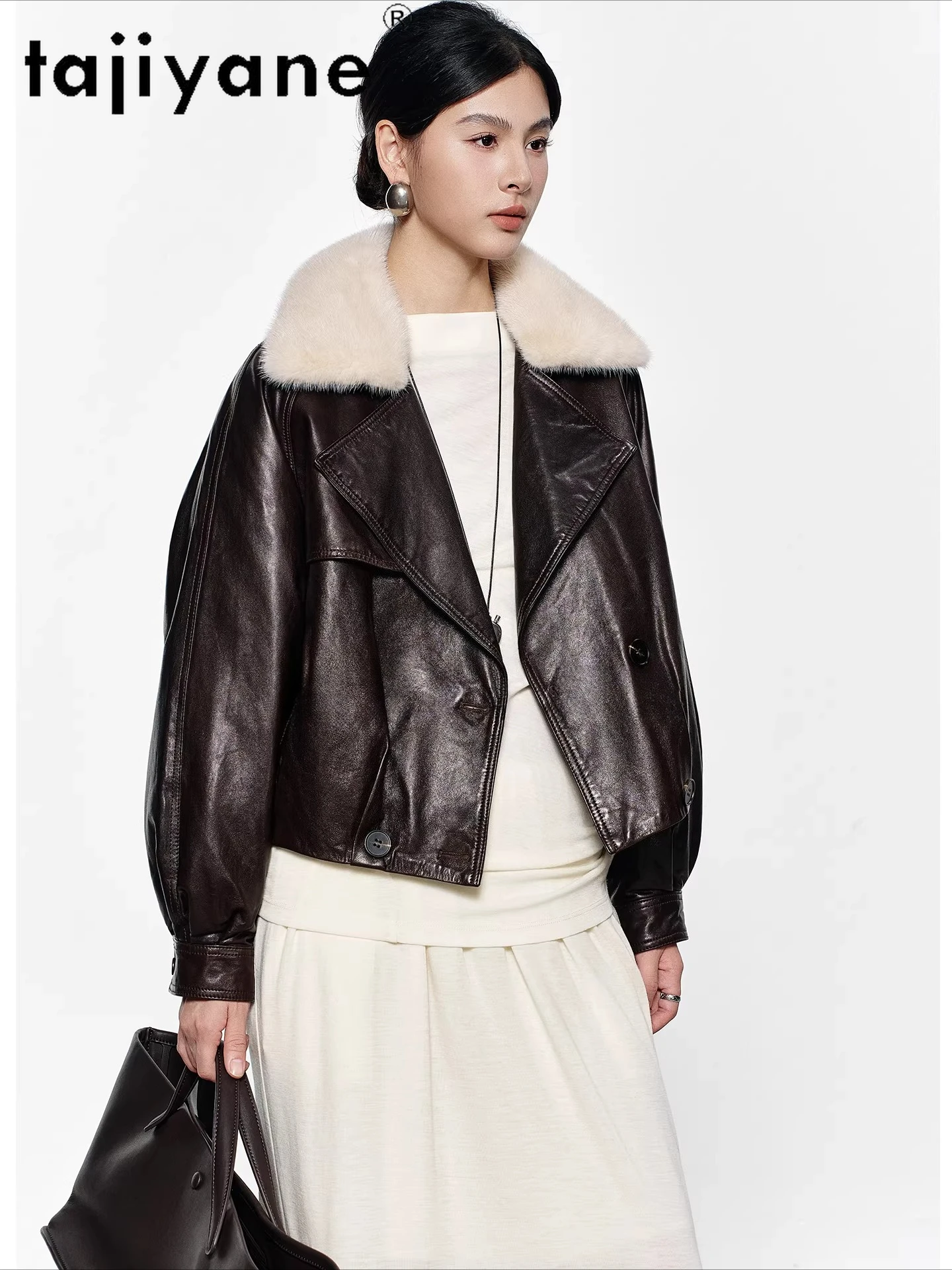 Kurtka damska TAJIYANE z olejowanego wosku, skóra owcza, puch gęsi, luksusowy kołnierz z futra norek, kurtki ze skóry naturalnej, odzież zimowa 2025, дубленка