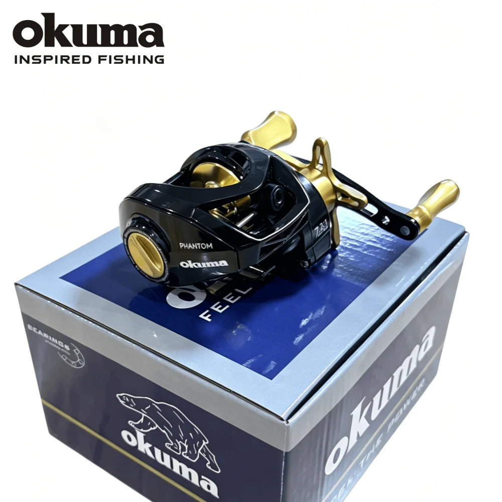 オクマ製ベイトキャスティングリール。ギア比72-1、高速、ドラッグ力8kg、金属製中空スプール、磁気ブレーキ。バス釣り用。