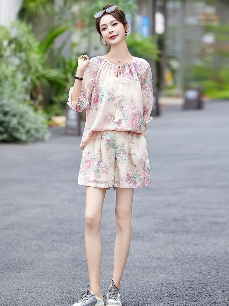 Elegant Shorts New In Matching Sets Female 2024 Summer Fashion Chic Floral Tops+Wide-Leg Shorts 2 Piece Sets Women Outfit