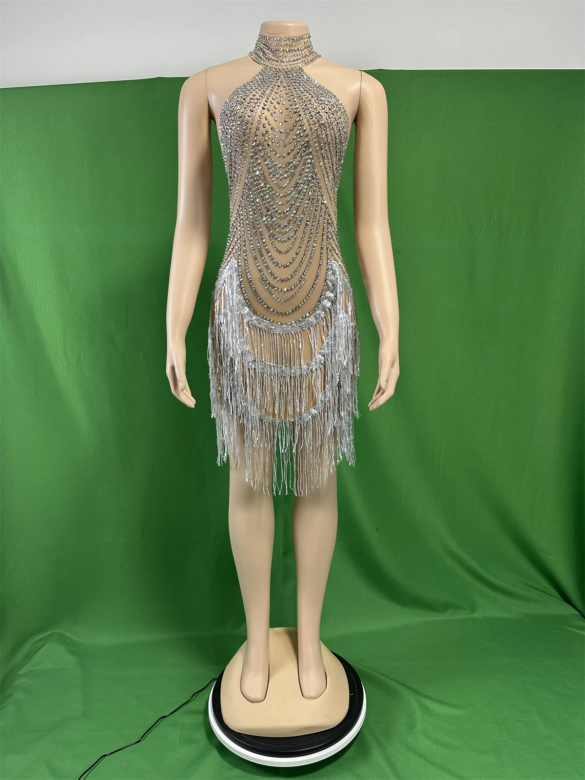 Sukienka damska bez rękawów z cekinami, frędzlami i dżetami, błyszcząca, idealna na wieczorne wyjścia, dla showgirl, na scenę, dla drag queen, kostium dla piosenkarki, tancerki.
