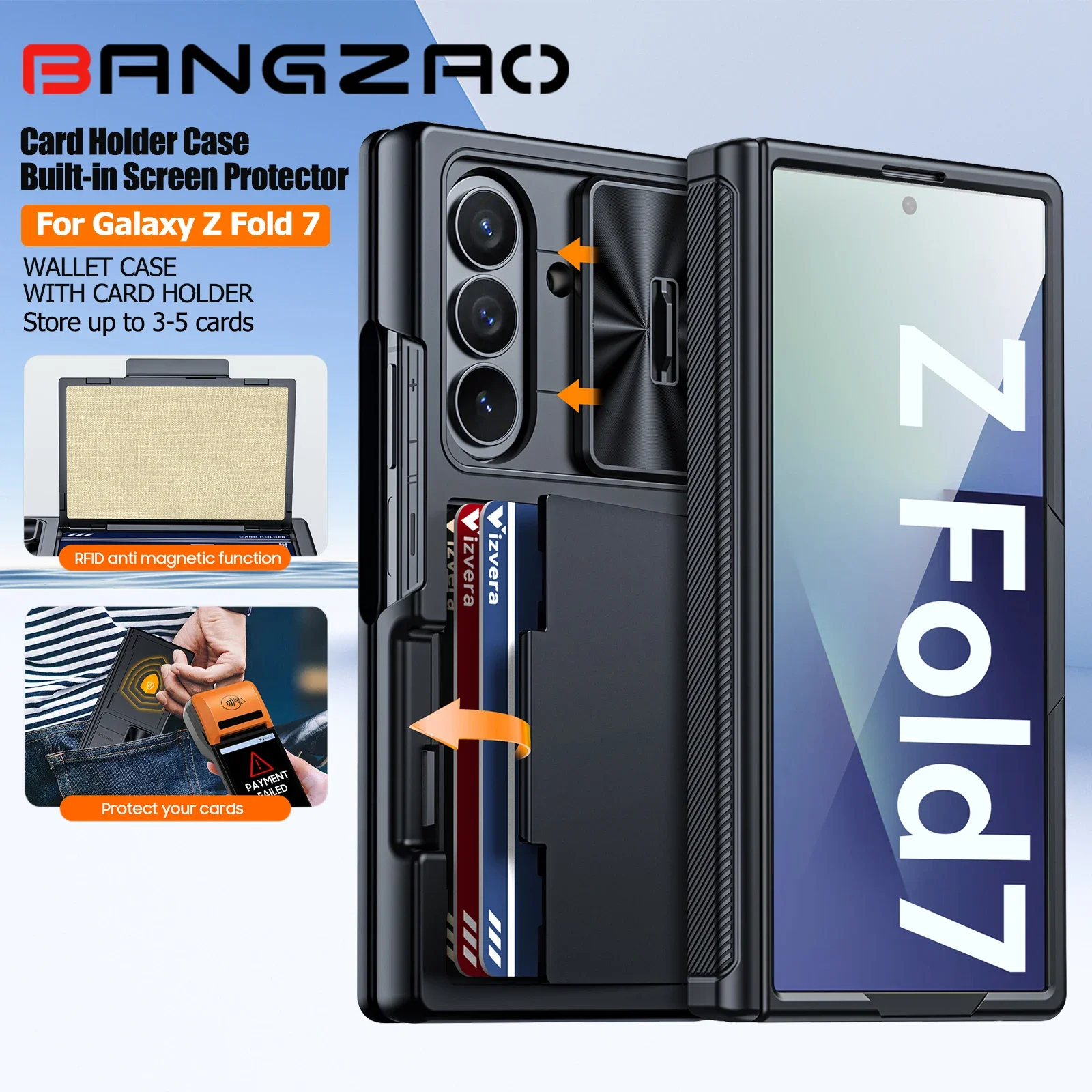 حافظة لهاتف Galaxy Z Fold 7، محفظة RFID مع حامل بطاقات، غطاء مفصلي، غطاء كاميرا، حافظة هاتف واقية من السيليكون المقاوم للصدمات - أسود