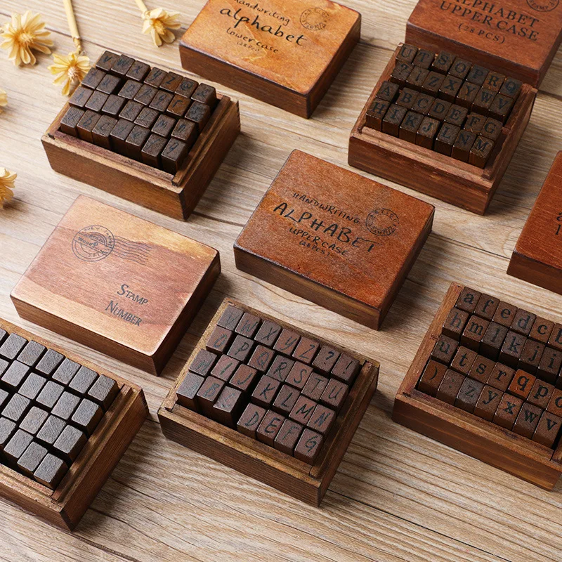 

Wooden DIY Vintage Letter 28PC Alphabets Diary Seals vintage retro Wood Number Letters Characters Weather Series Stamps