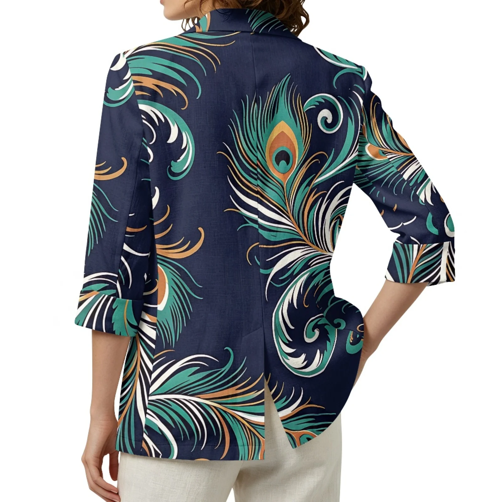 PENSTROLL Peacock Feather Linen Like Beach Jackets Open Front Beach Cover Ups for Women S-3XL