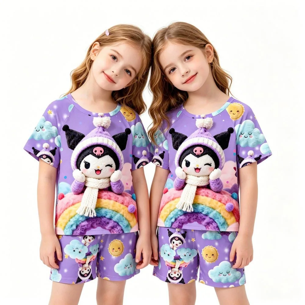 Conjunto de pijama Sanrio Kuromi para niños, 2 uds., camiseta de manga corta + pantalones cortos, ropa de verano con estampado de Hello Kitty, ropa de dormir para niñas