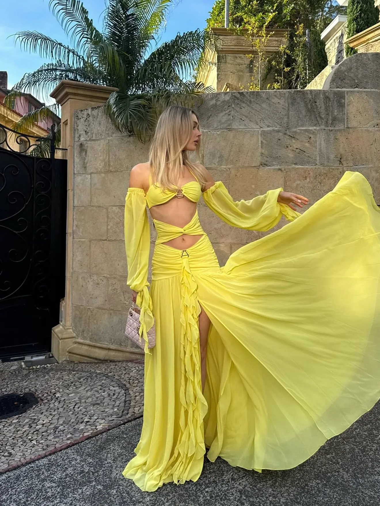 

Yellow Long Dress Women Summer Party Dresses Cover Up Cut Out Elegant Long Sleeve Holiday Beach Robe