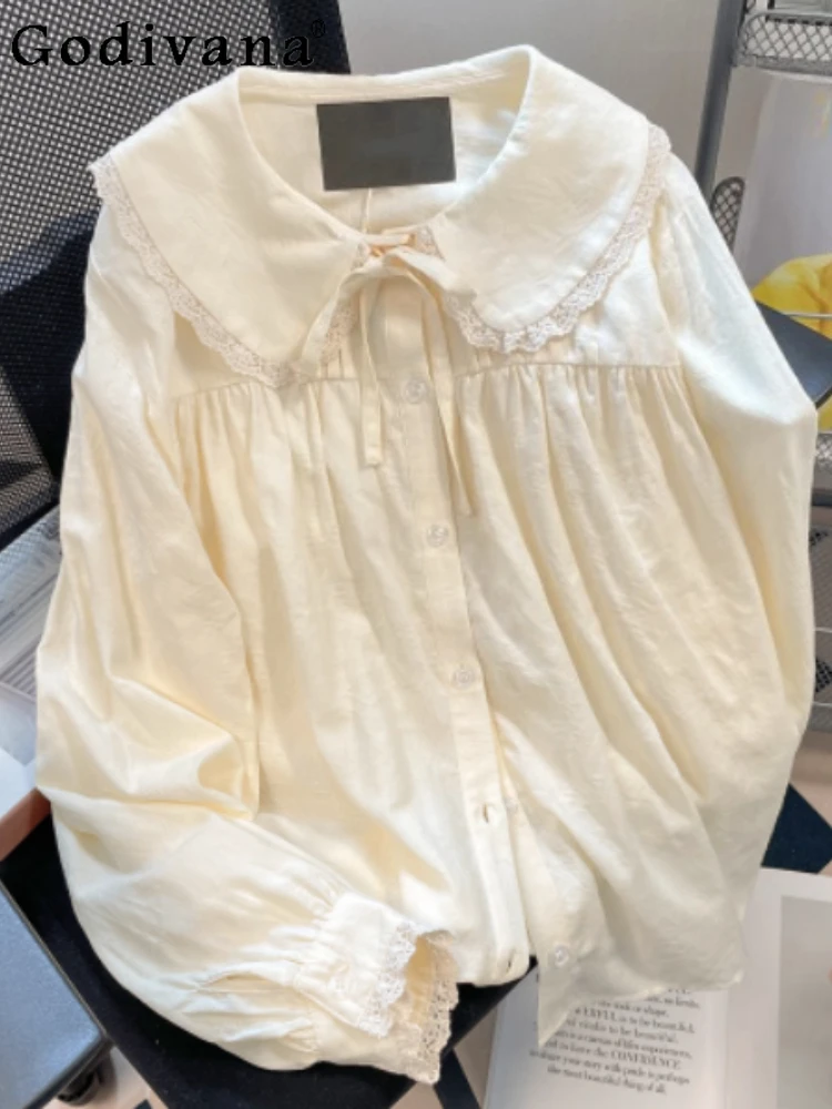 

2XL Japanese Chic Lace-up Lace Sweet Peter Pan Collar Shirt Women Spring Autumn Versatile Long Sleeve Lolita Bottoming Shirts