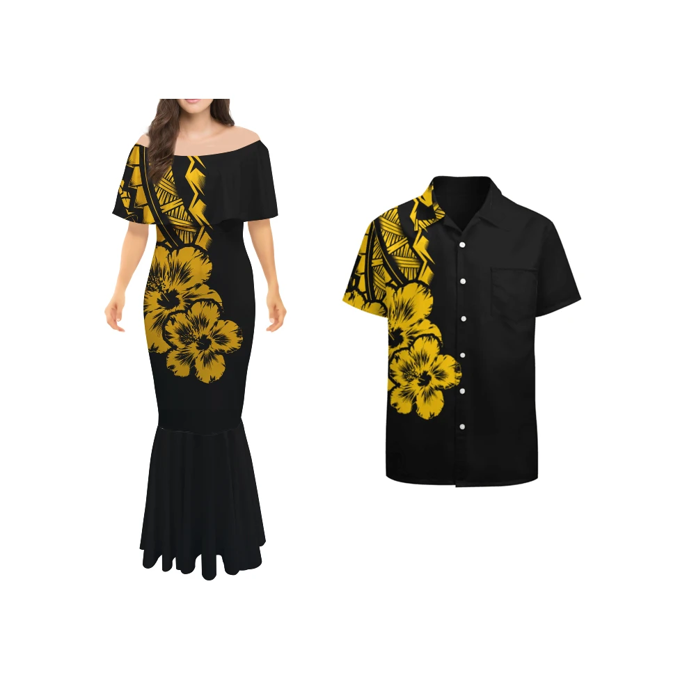 New Off Shoulder Polynesian Tribal Print Women Bare Shoulders Dresses Mermaid Skirt  Couples Match Clothing Men Shirts