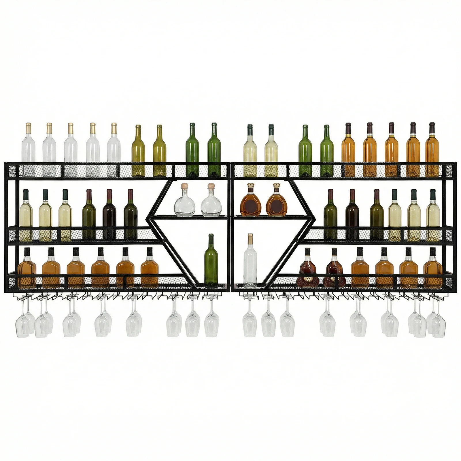 

3/4 Tier Wall Mounted Wine Storage Rack Display Metal Liquor Shelf with Glass Holder for Home Kitchen Dining Room Coffee Shop