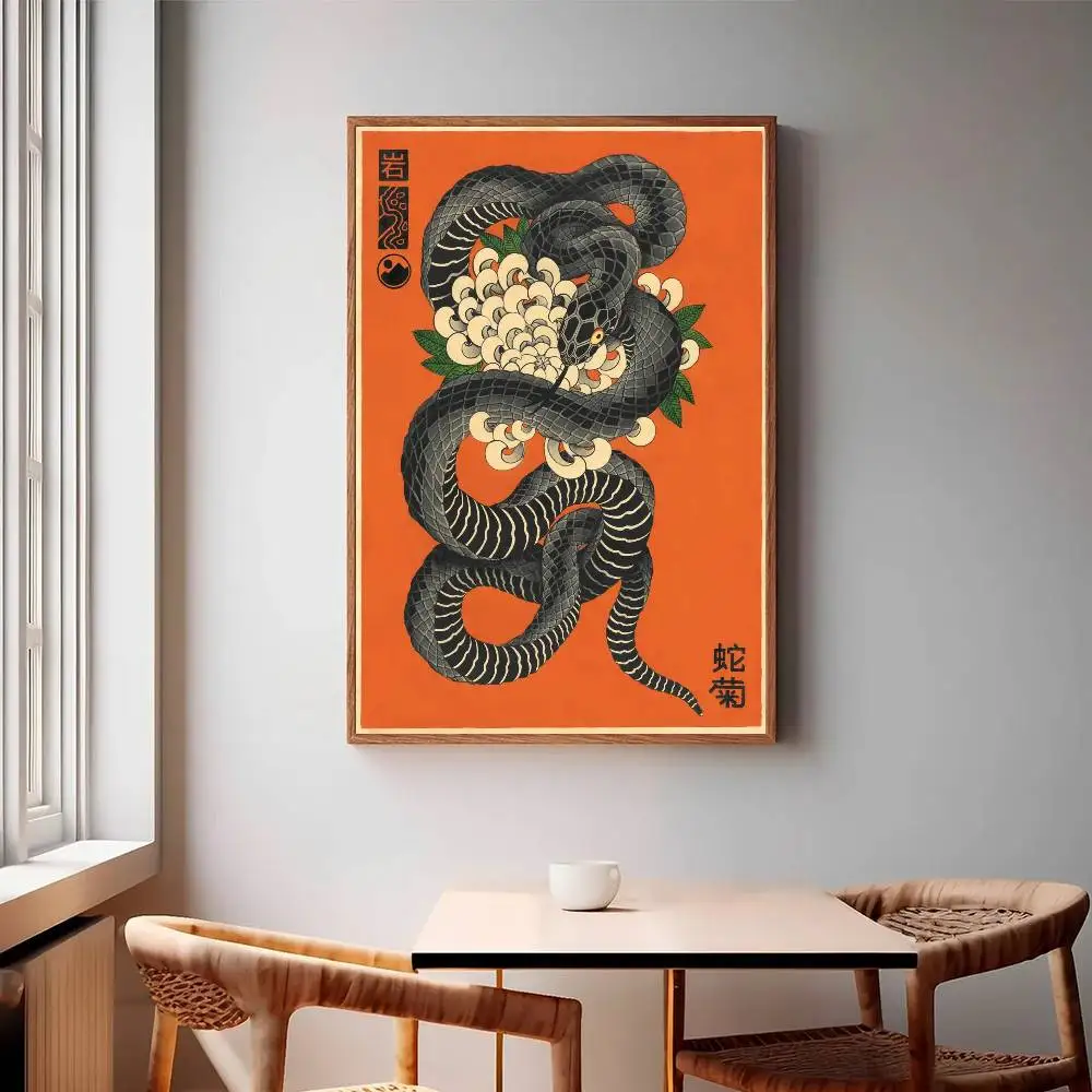 Serpent & Chrysanthemum Poster Self-adhesive Wall Art Decorations Room Decor HD Frameless