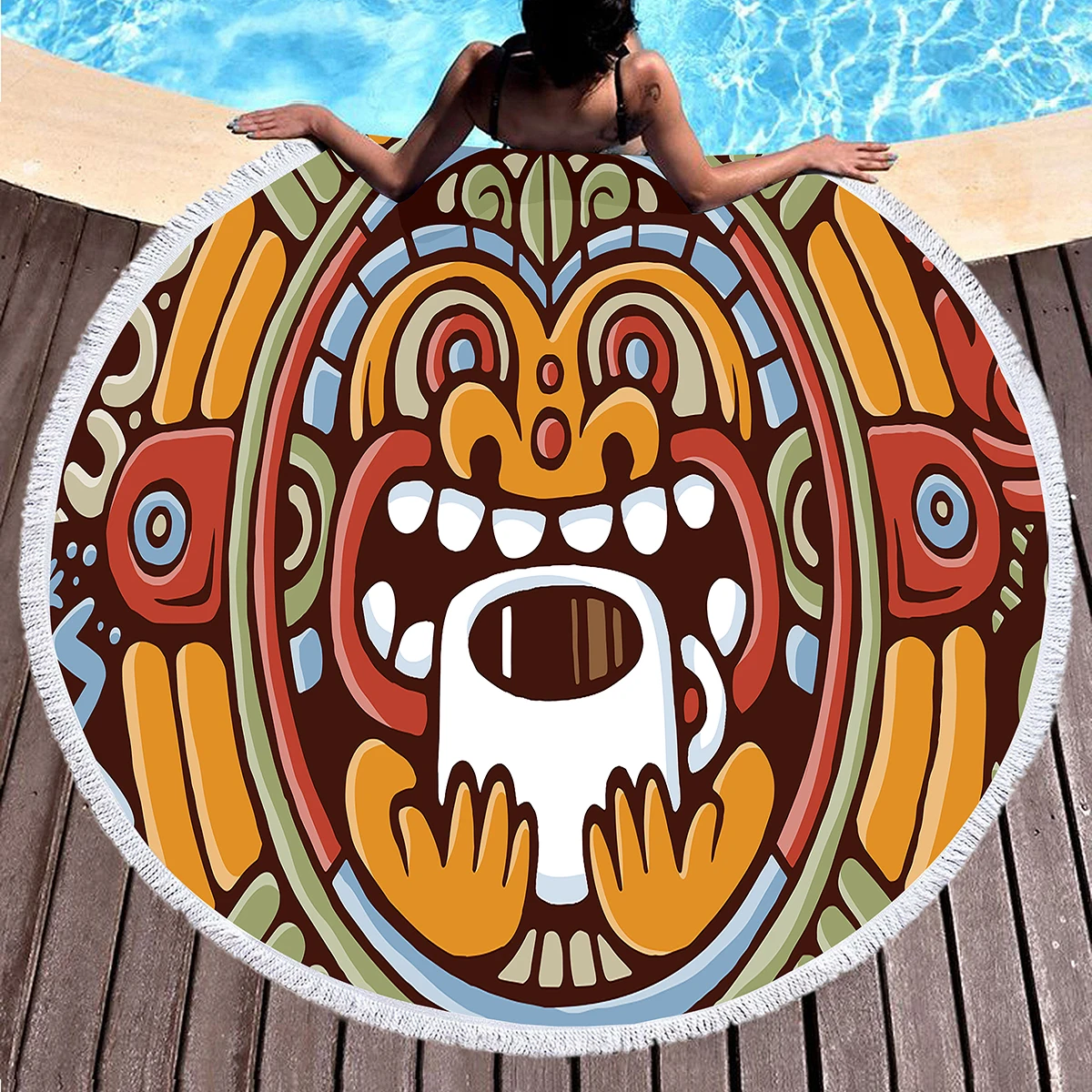 Round Beach Towel,Mexican Mayan Tribal Art Polyester Sand Resistant Beach Blanket,Soft Absorbent Quick Dry Pool Towel Picnic Mat