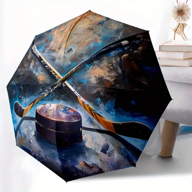 

Зонт с принтом в стиле хоккея - автоматический складной зонт в мультяшном стиле, 8-спицевая конструкция, прочный пластик и железо, идеально подходит для Т...