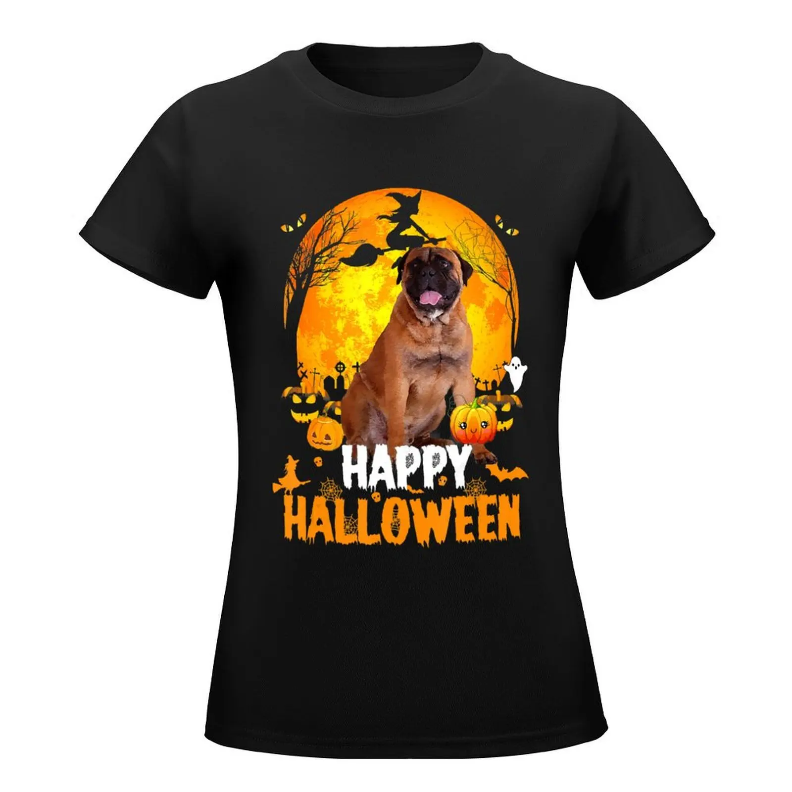 Bullmastiff Dog Happy Halloween Day With the Moon & Pumpkin T-Shirt Female clothing animal print shirt for girls womans clothing