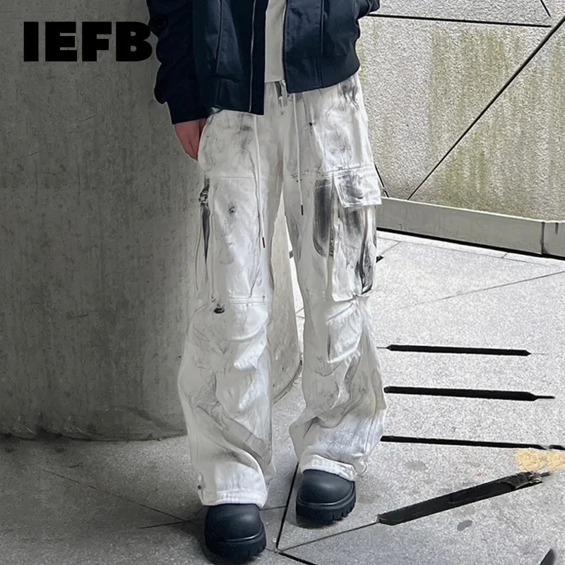 

IEFB American Style Men's Denim Pants Casual Splash Ink Tie-dye Bottom Big Pockets Male Overall Contrast Color Trousers 9C6711