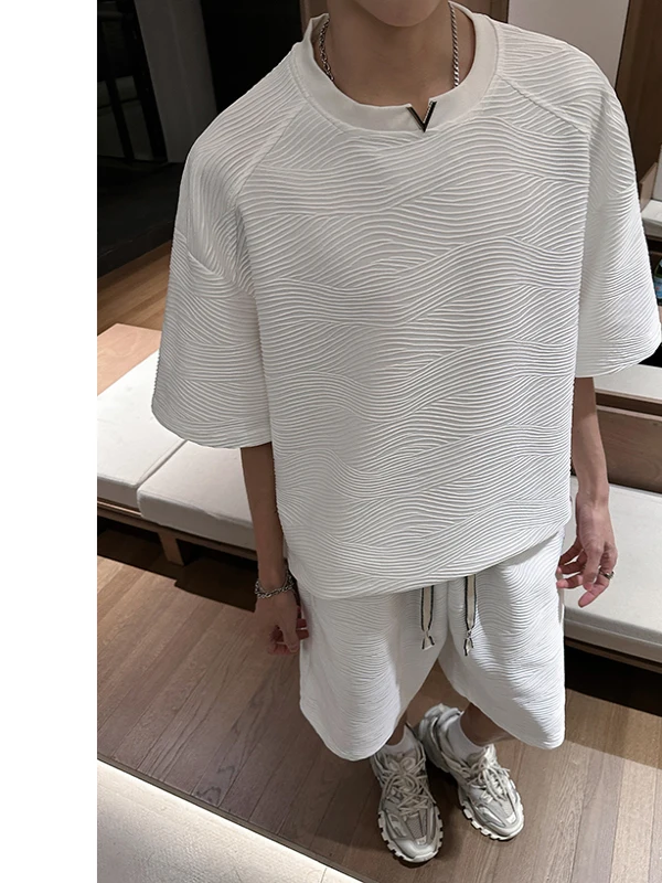 

Loose Metal Texture V-Ne ort Sve Men's Summer plus Size Faion Set T-irt orts Set Polyester Spandex Blend