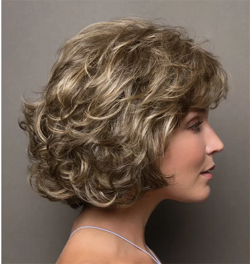 Wig,Women's wigs Old man's wig fashionable short curly wig, female middle-aged and elderly brown gold dyed wig cover short wigs