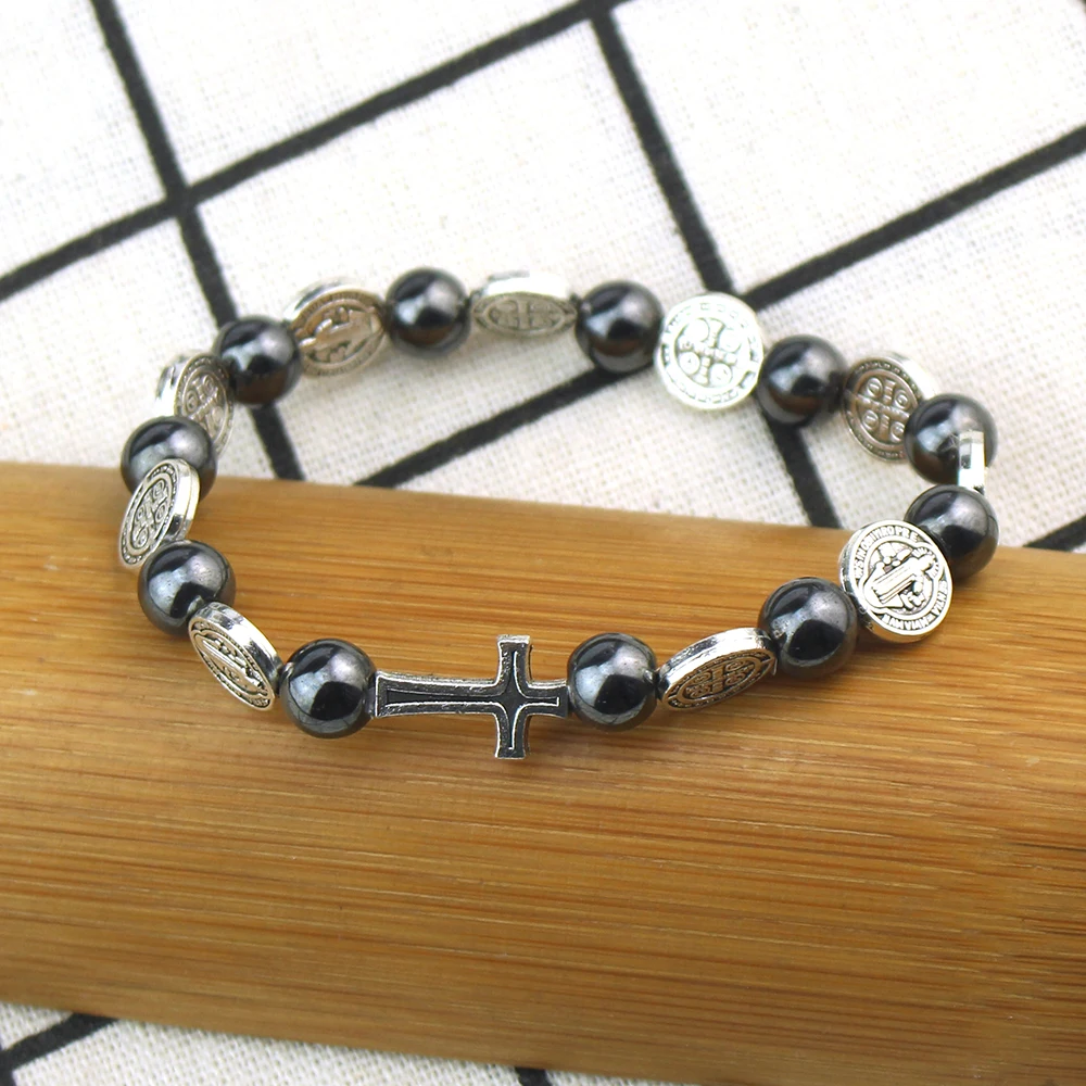 Catholic Rosary Bracelet St. Benedict Medal Cross Prayer Bracelets Hematite Beads Religion Jewelry Accessories