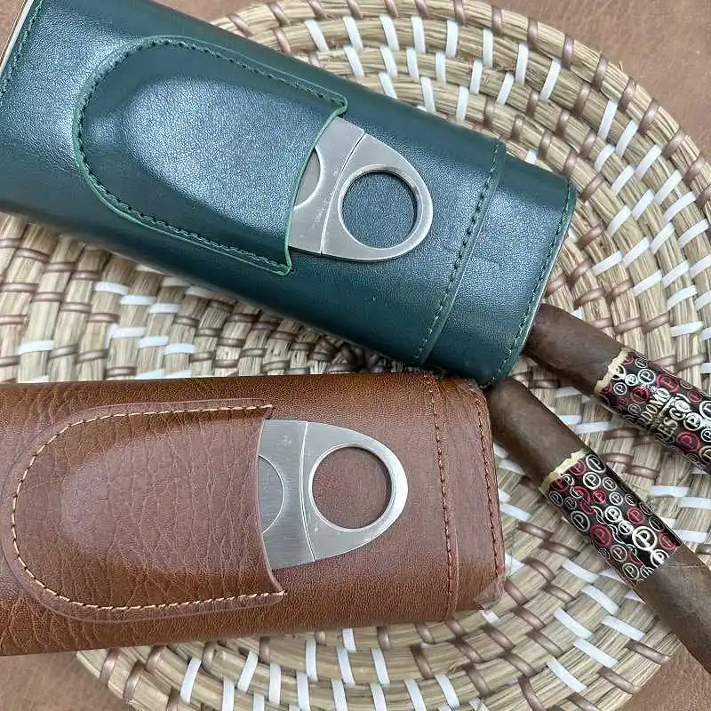 

Портативный прочный кожаный чехол-держатель, 3 чехла для сигар, трубка для путешествий, коричневый хьюмидор для сигар из кедра с резаком для сигар 917