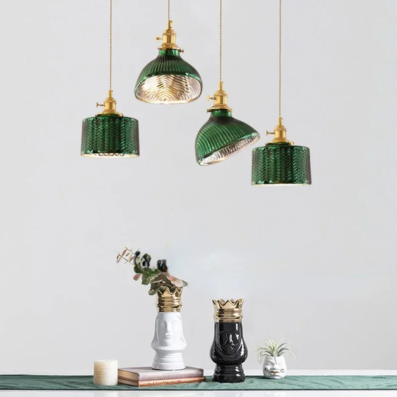 Retro Dining Room Chandelier Simple Homestay Bedroom Bar Table Decoration Lamp Green Electroplating Glass Retro Brass Lamp