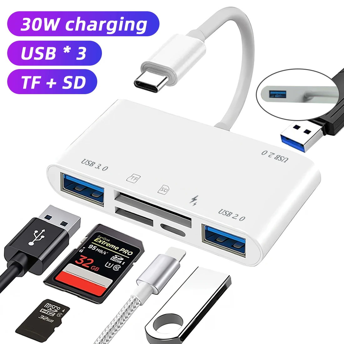 Adaptador tipo c tf leitor de cartão de memória sd 6 em 1 adaptador de cartão usb c para macbook huawei samsung xiaomi otg escritor flash compacto