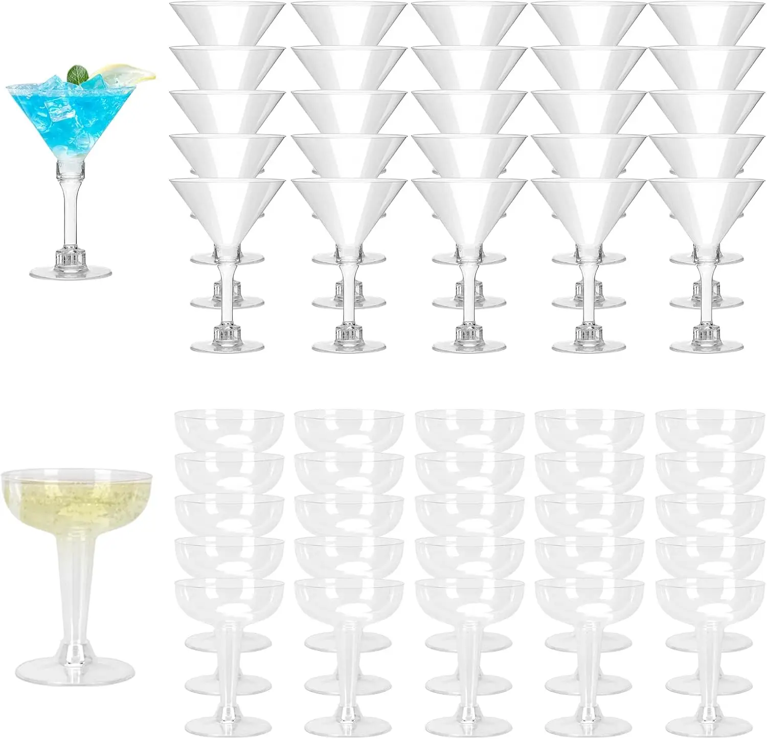 

50Pcs 2 Style Disposable Plastic Martini Glasses, 4 oz Clear Cocktail Flutes for Party Wedding Bachelorette Decor
