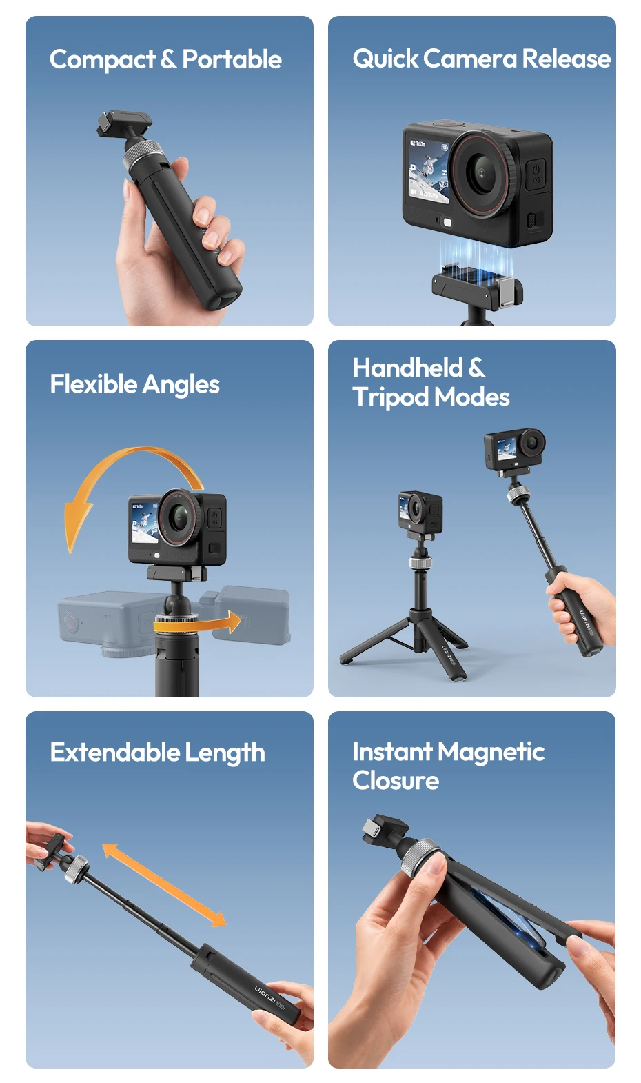 Ulanzi MT95 Portable Mini Tripod Selfie Stick for DJI Osmo Action 6/Nano 5/4/3 for Insta360 X5/X6 for Gopro Tripod for Vlog