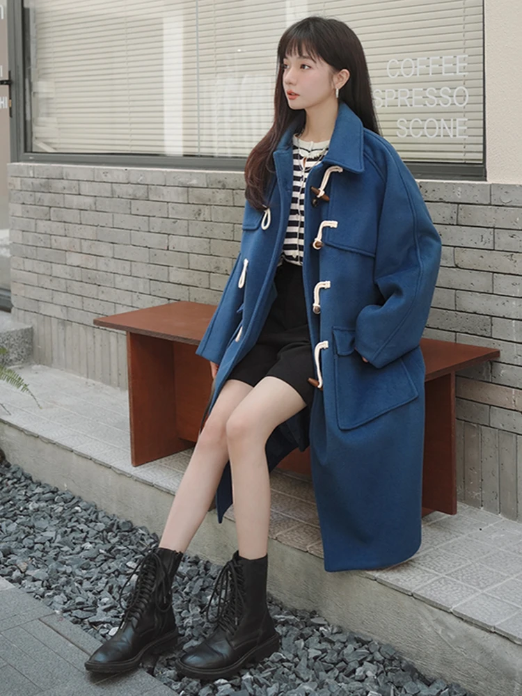 Cow Horn Button Blue Woolen Coat Women's Medium Long Autumn and Winter New Korean Loose College Style Thickened Woolen Coat