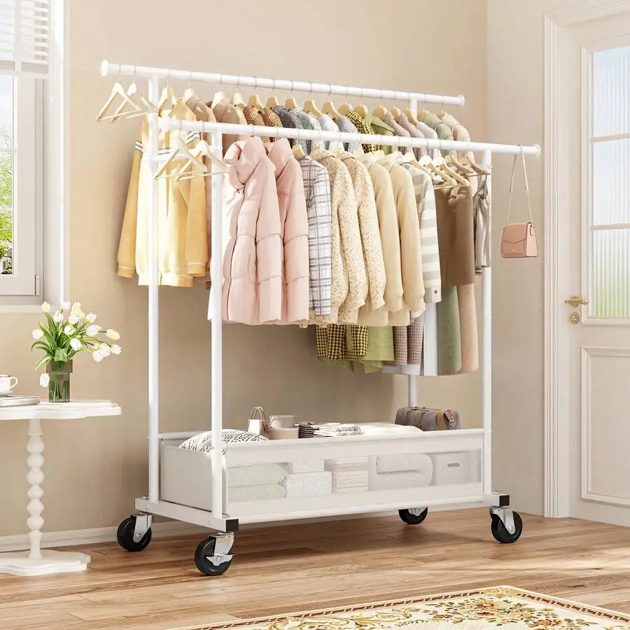 Heavy Duty Rolling Clothes Rack With Double Rods And Storage Basket - Perfect For Bedroom Laundry Room Or Apartment, White