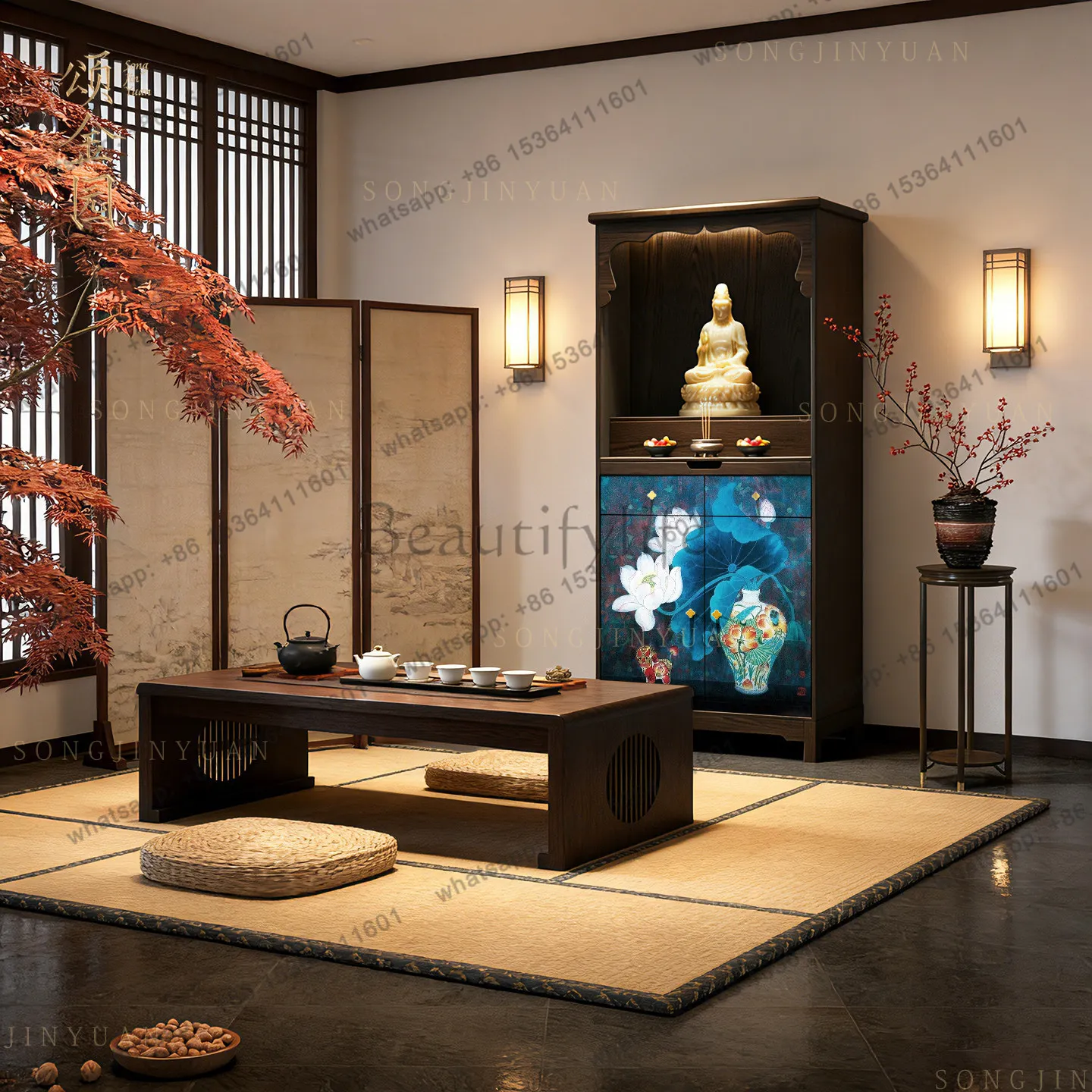 LX solid wood new Chinese Zen Buddhist niche vertical cabinet household Guanyin God of Wealth worship