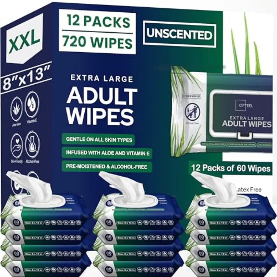 Adult Wipes For Elderly - 8"x13" Extra Large and Soft Wet Wipes for Adults Bathing - Incontinence Disposable Washcloths Vitamin