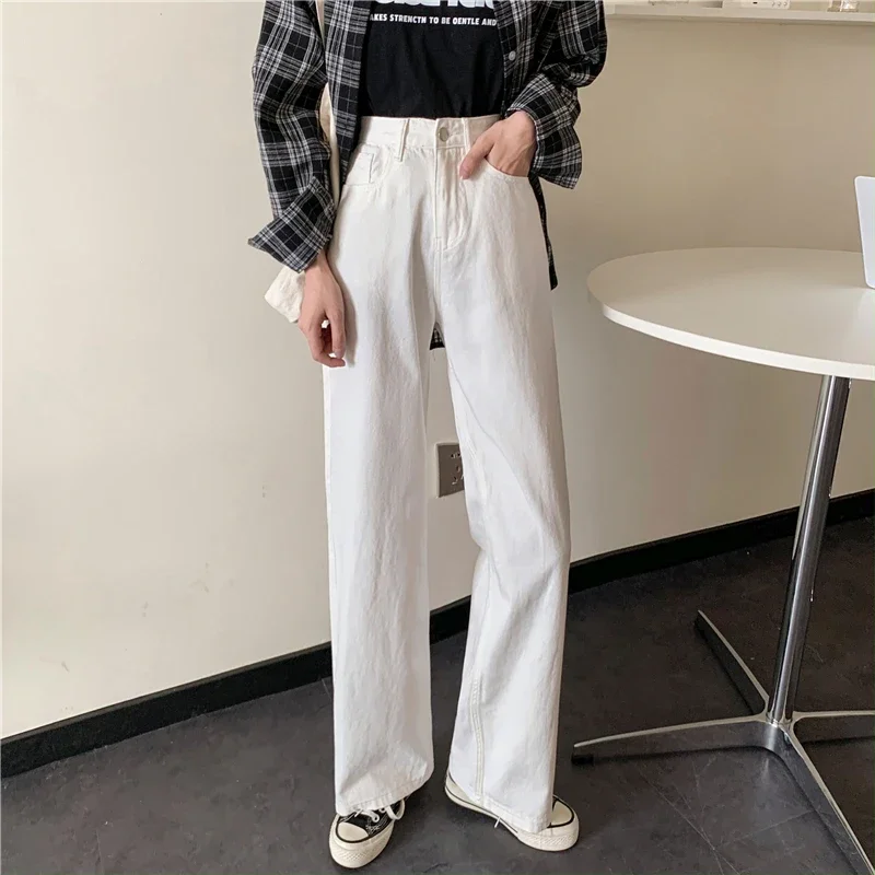 Jeans Women White Korean Style Full Length Baggy All-match College Casual BF Straight Ins Popular Stylish Spring Newest Trousers