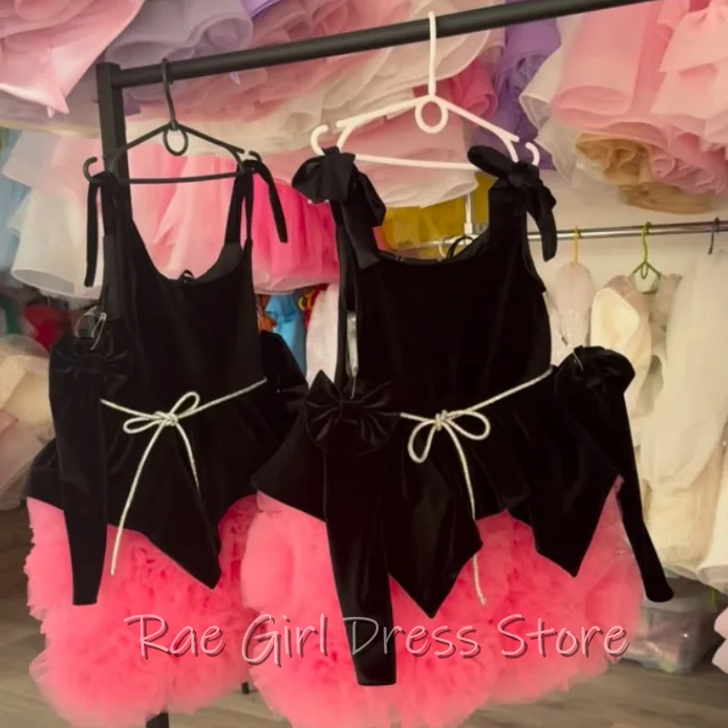 Black Velvet Pink Tulle Flower Girl Dress Spaghetti Strap Shoulder Bow For Birthday Photo Shoot Wedding Pageant Customized