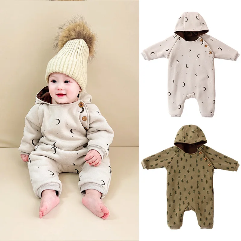 

Baby Crawler Clothing 2025 Winter New Cartoon Fashion Plus Velvet Thickened Children's jumpsuit Cotton Warm Baby Outdoor Hoodie